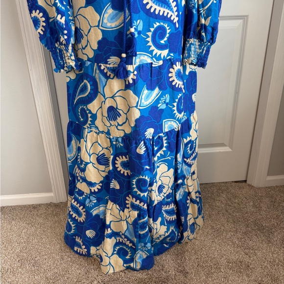 House of Harlowe 1960 Blue Cream Floral Paisley Repeat Top Maxi Skirt Set Linen - Picture 6 of 15